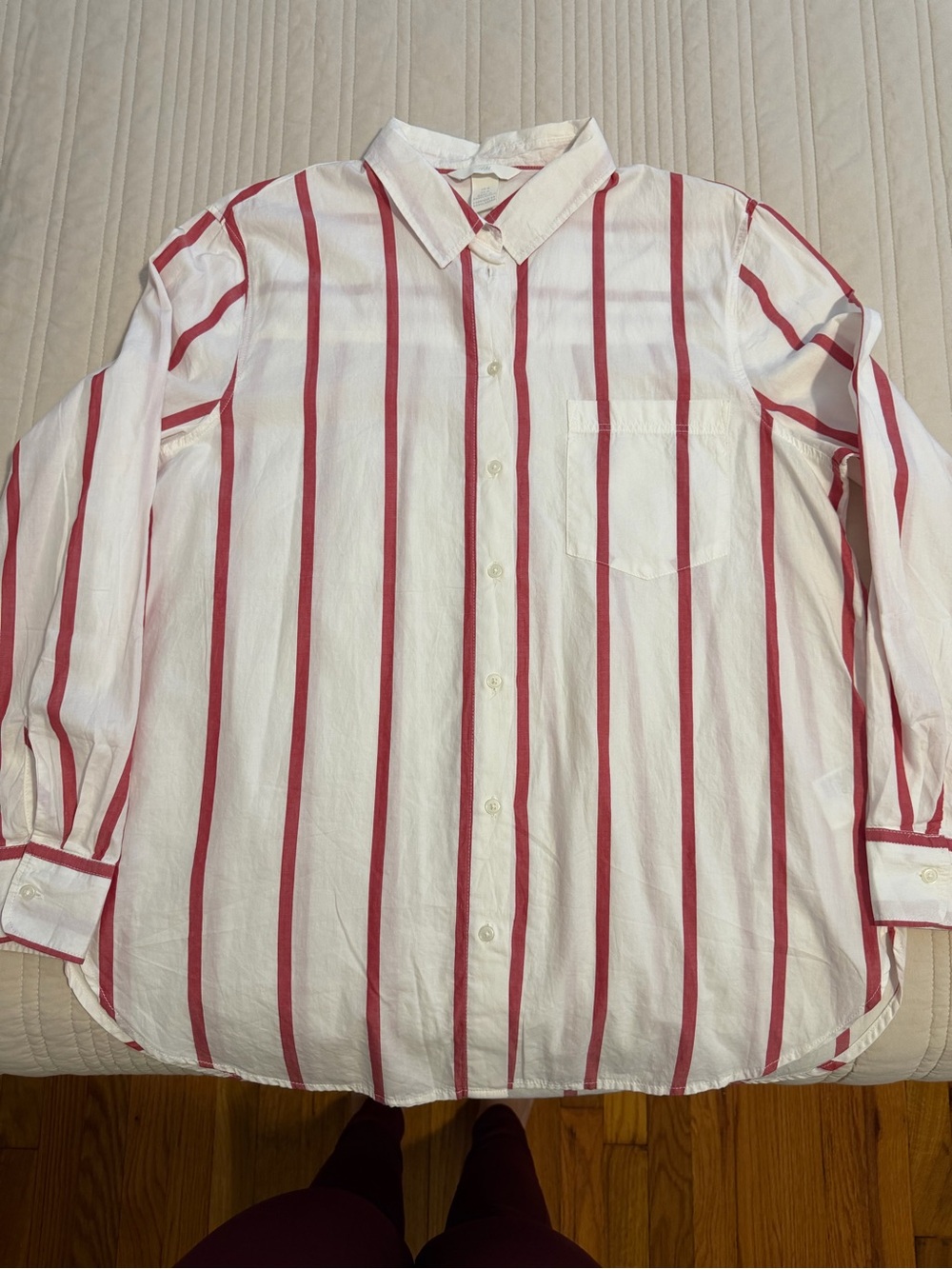 H&M White Button-Down Shirt with Red Vertical Stripes